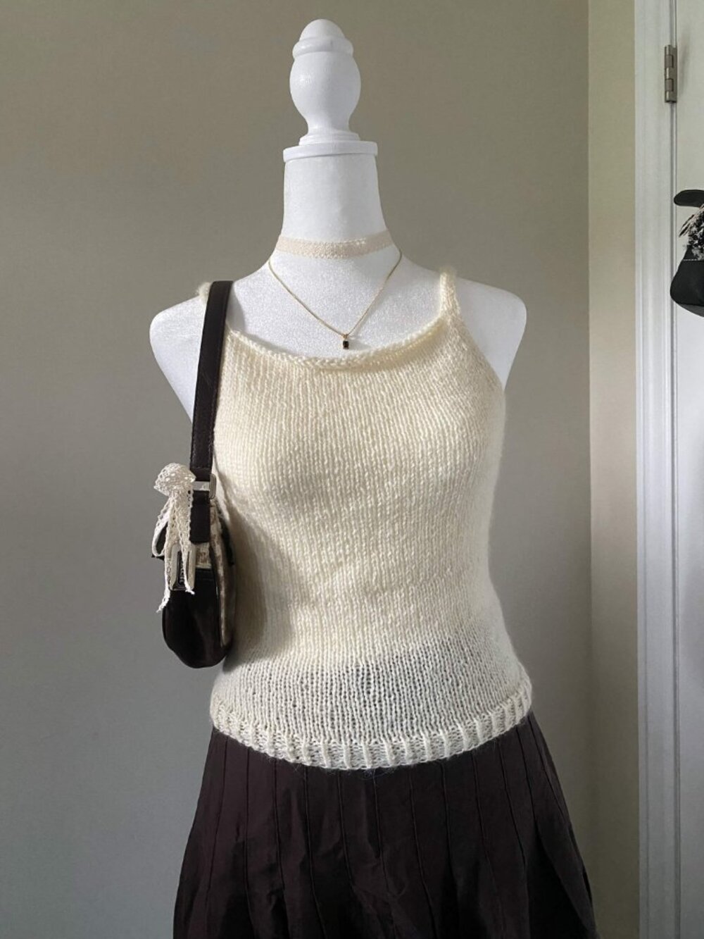 Handmade Cream Mohair/Wool blend Strappy Halter-neck Cropped Tank Top